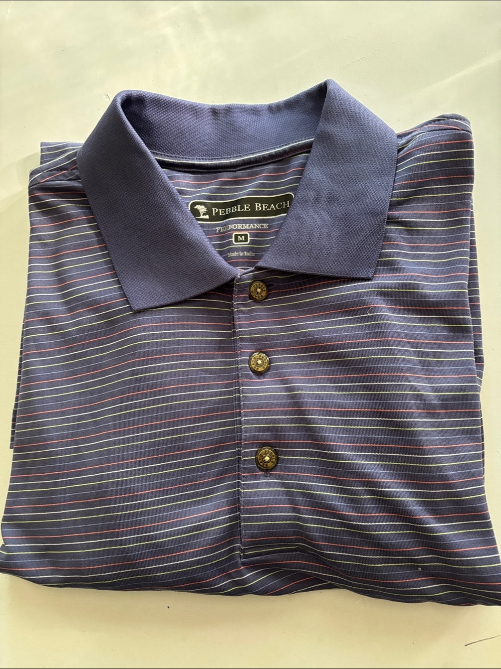 Pebble Beach Men's Striped Performance Polo - Navy with colorful thinStripes Med